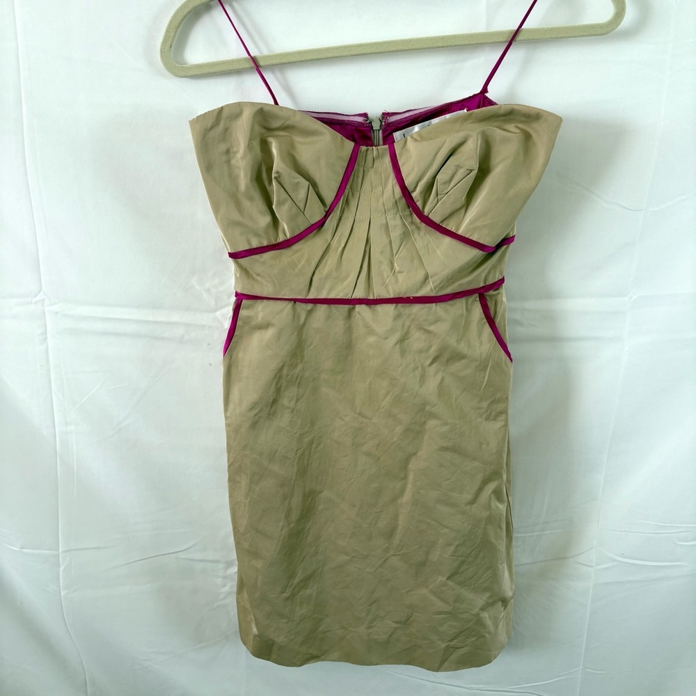 Vintage Nicole miller strapless dress tan magenta bodycon bustier size 0
